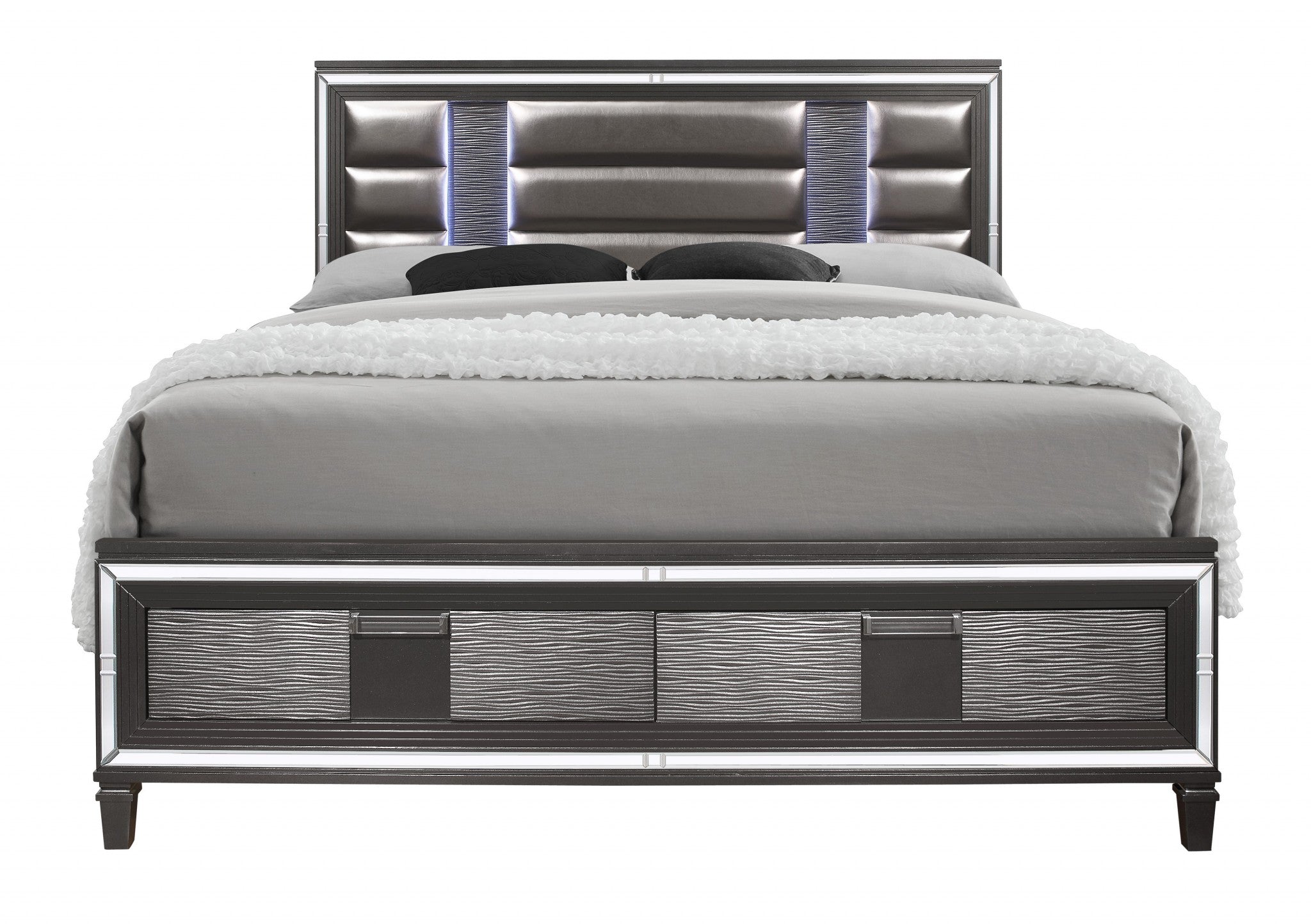 Majestic Metallic Grey Queen Bed with LED Lightning Upholstered Headboard  2 Footboard Drawer