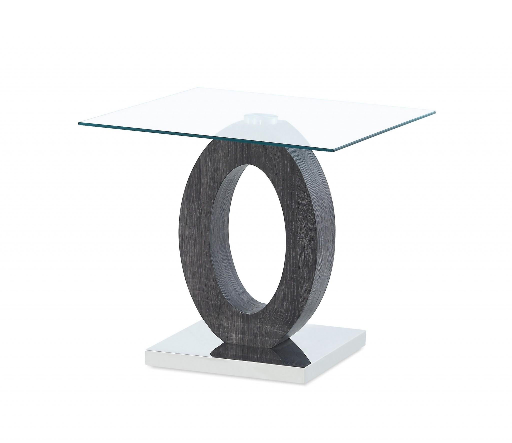 Grey Tone Oval Design Support End Table with Glass Top