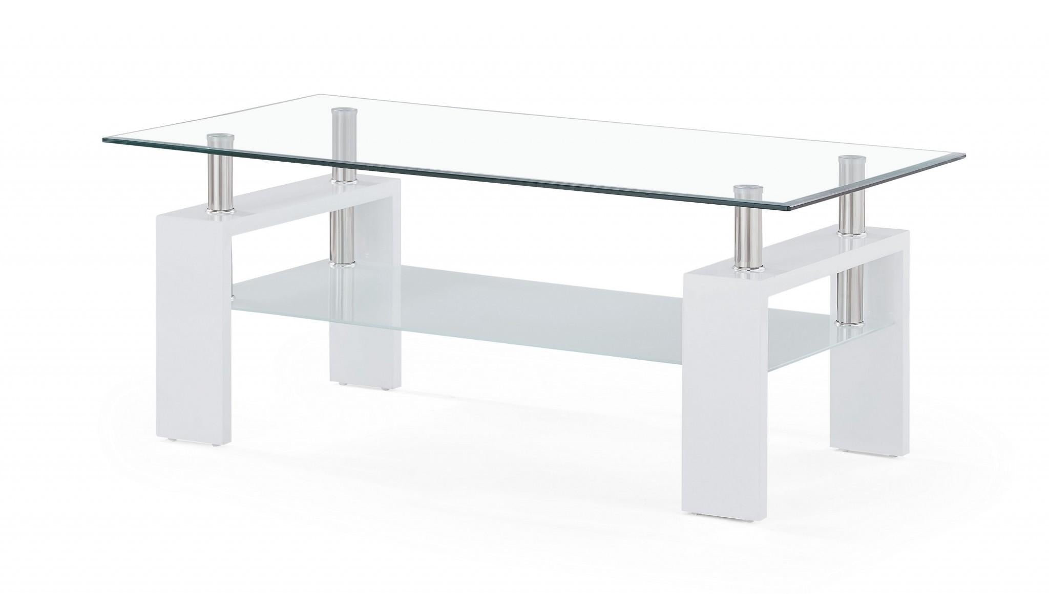 White glossy leg Coffee Table with Rectangular Clear Glass Top