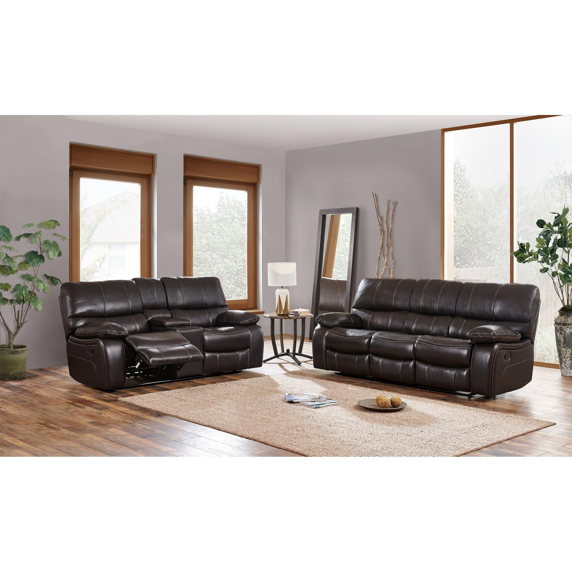 Espresso Black Leather Gel Cover Console Reclining Loveseat in Removable Back And Extra Plush Cushions