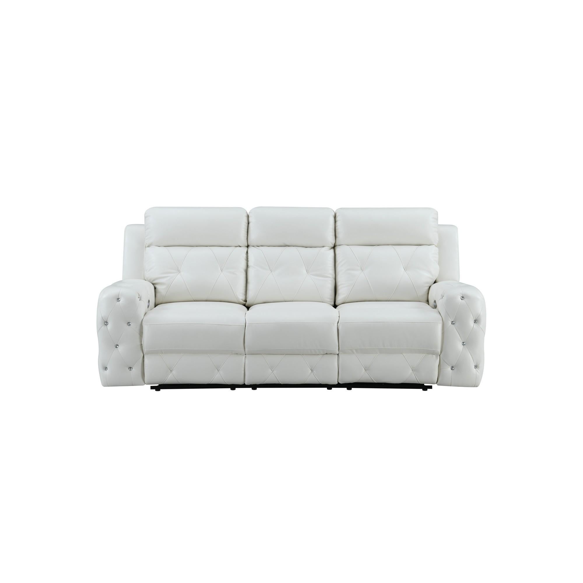 White Leather Gel Cover Power Reclining Sofa In Plushily Padded Seats  Jewel Embellished Tufted Design  Along With Recessed Arm