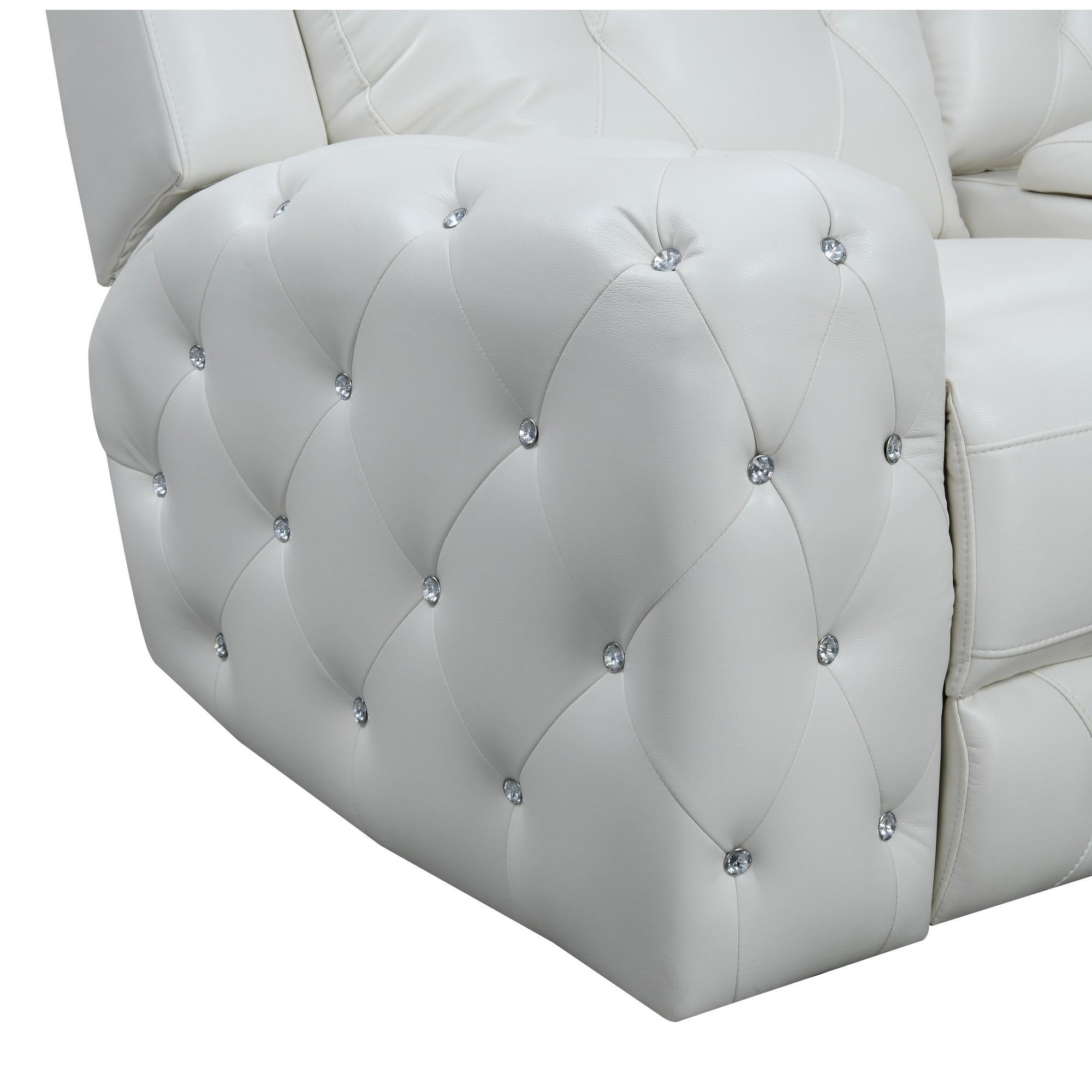 White Leather Gel Cover Power Reclining Sofa In Plushily Padded Seats  Jewel Embellished Tufted Design  Along With Recessed Arm