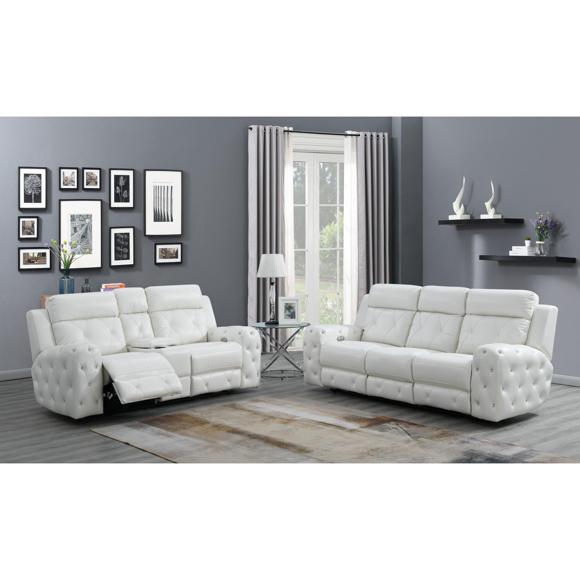 White Leather Gel Cover Power Reclining Sofa In Plushily Padded Seats  Jewel Embellished Tufted Design  Along With Recessed Arm