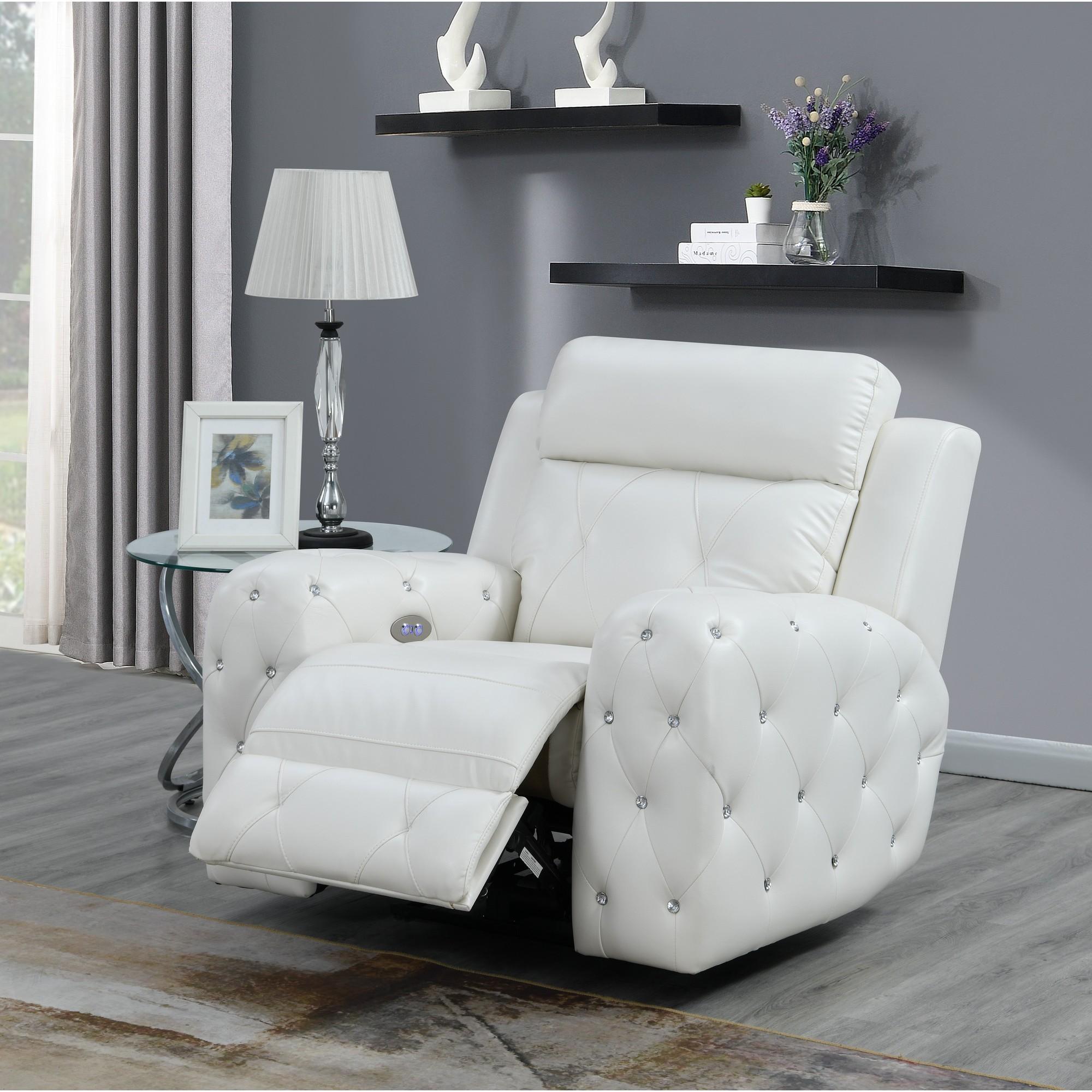 White Leather Gel Cover Power Recliner in Plushily Padded Seats  Jewel Embellished Tufted Design  Along With Recessed Arm