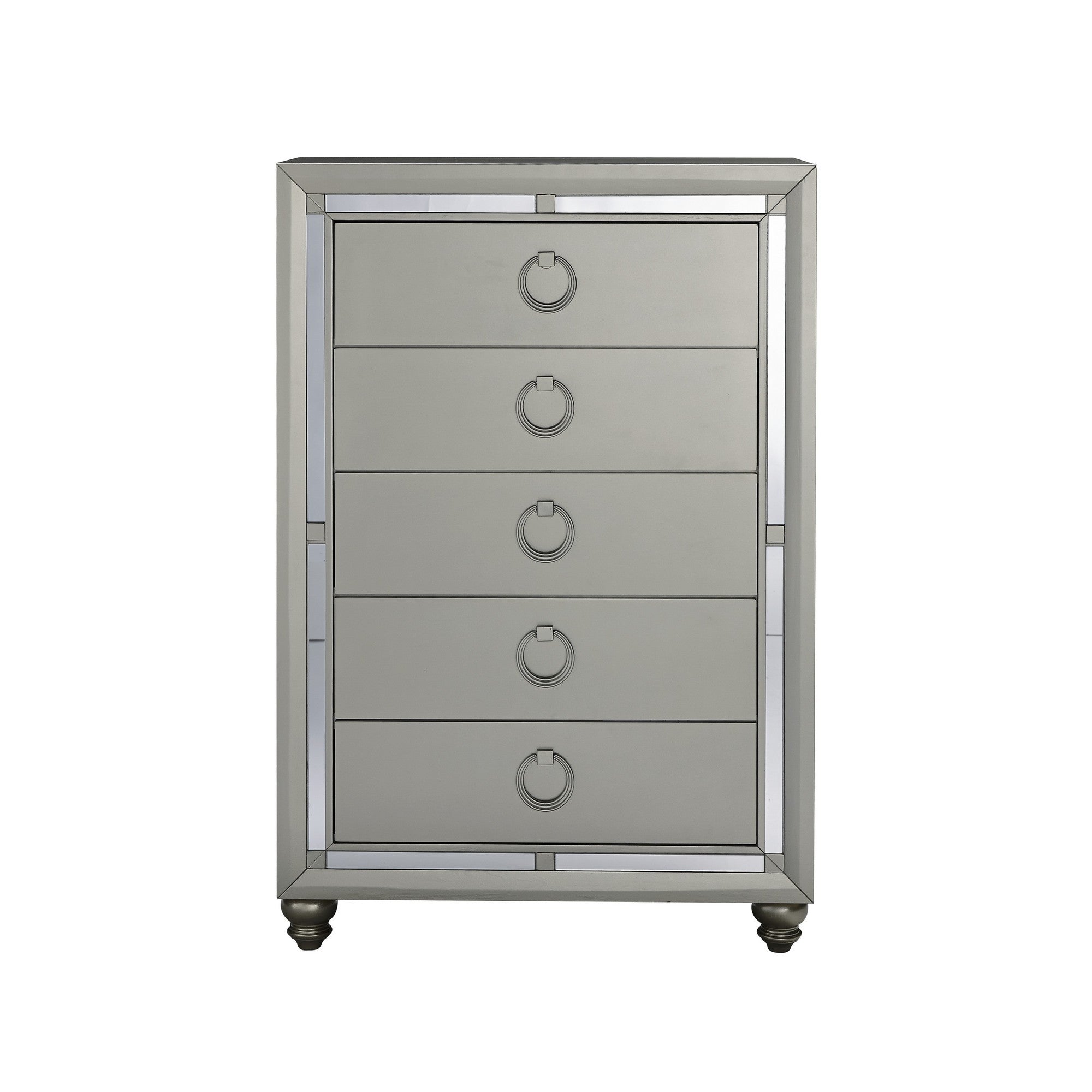 Silver Champagne Tone Chest with Mirror Trim Accent  5 Drawers