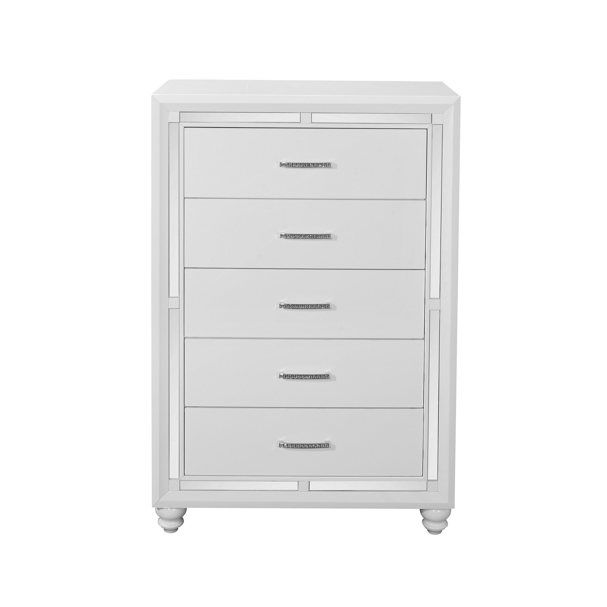 White Chest with Mirror Trim Accent  5 Drawers