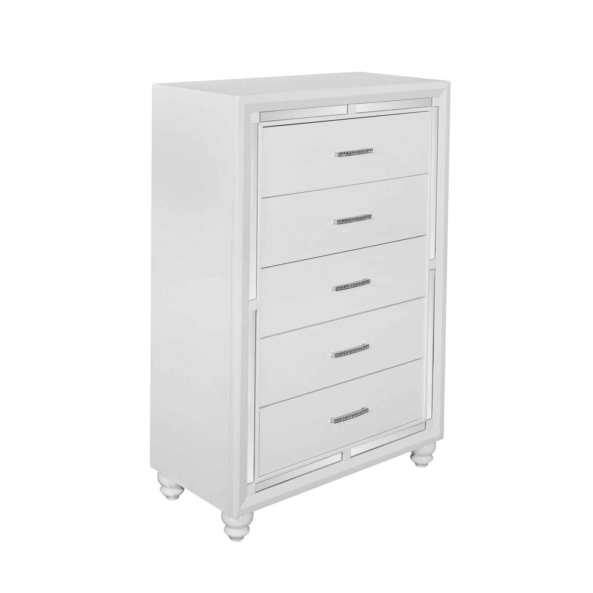 White Chest with Mirror Trim Accent  5 Drawers