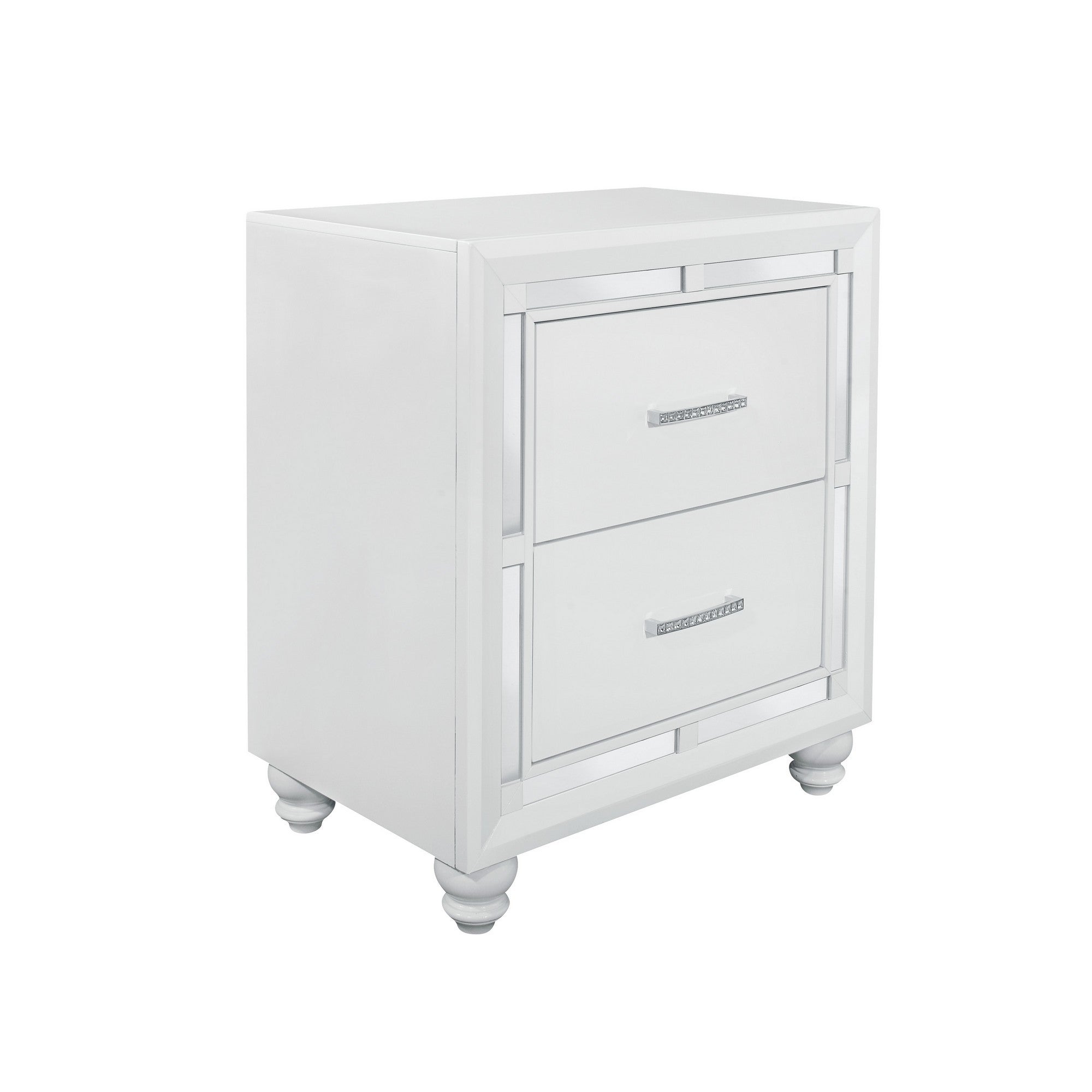 White Tone Nightstand with 2 Drawer  Mirror Trim Accent