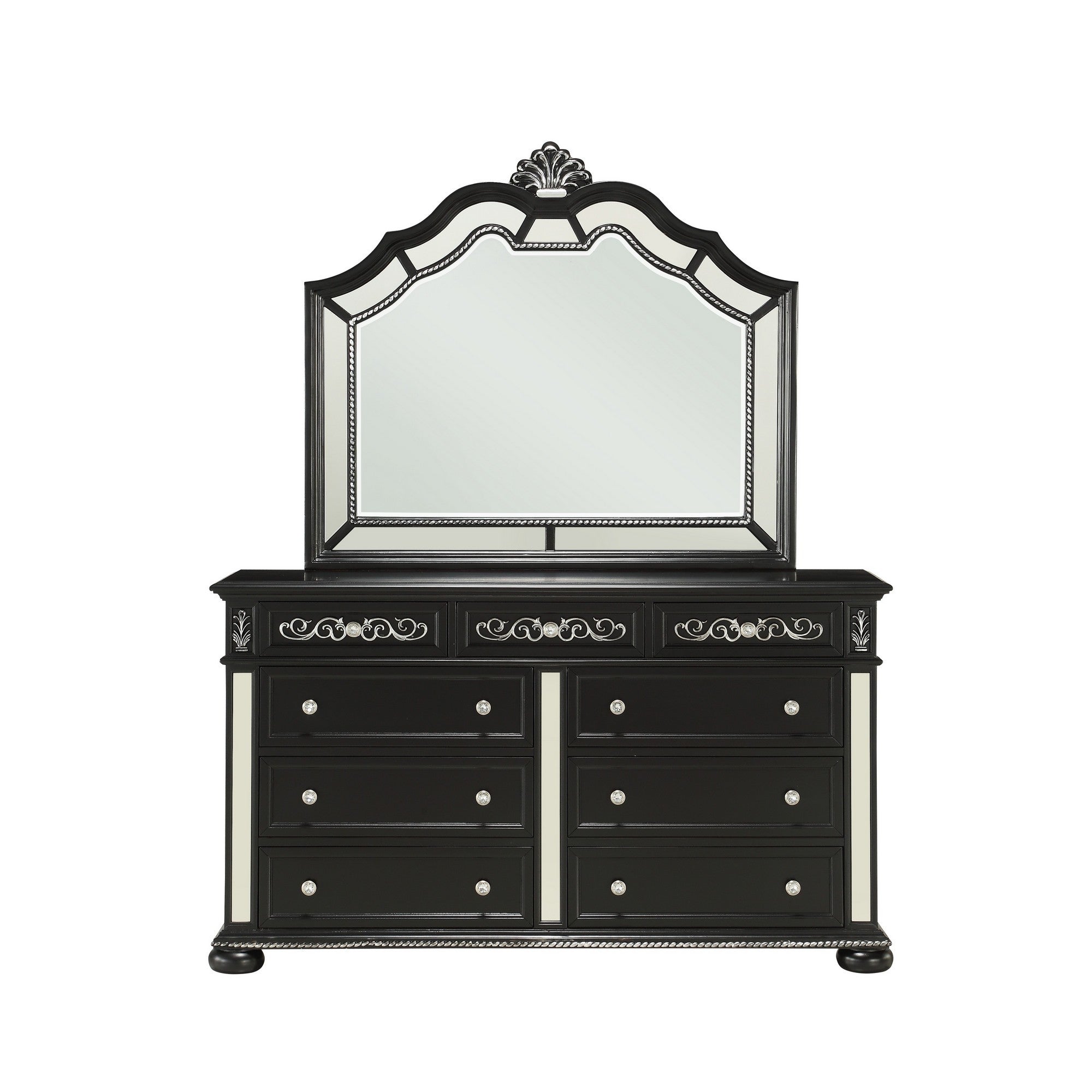 Black Jewel Heirloom Appearance Dresser with Intricate Carvings  Mirrored Accents  9 Drawer