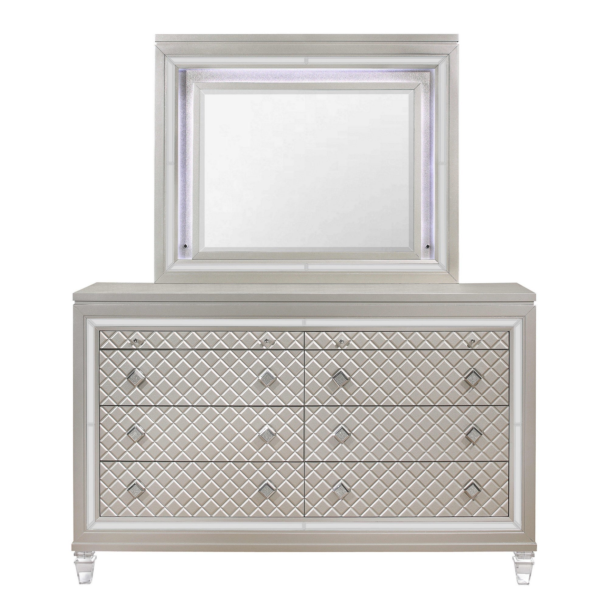 Champagne Toned Dresser with Tapered Acrylic Legs and 2 Jewelry Drawer – Candide Home Champagne Toned Dresser with Tapered Acrylic Legs and 2 Jewelry Drawer – Candide Home