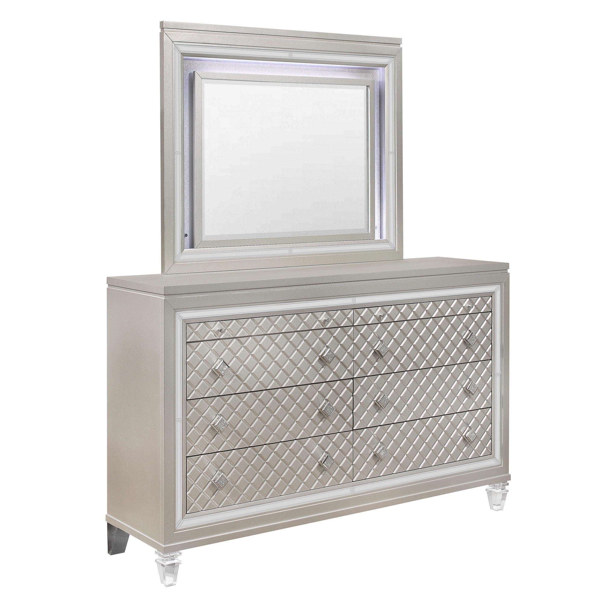 Champagne Toned Dresser with Tapered Acrylic Legs and 2 Jewelry Drawer Candide Home Champagne Toned Dresser with Tapered Acrylic Legs and 2 Jewelry Drawer Candide Home