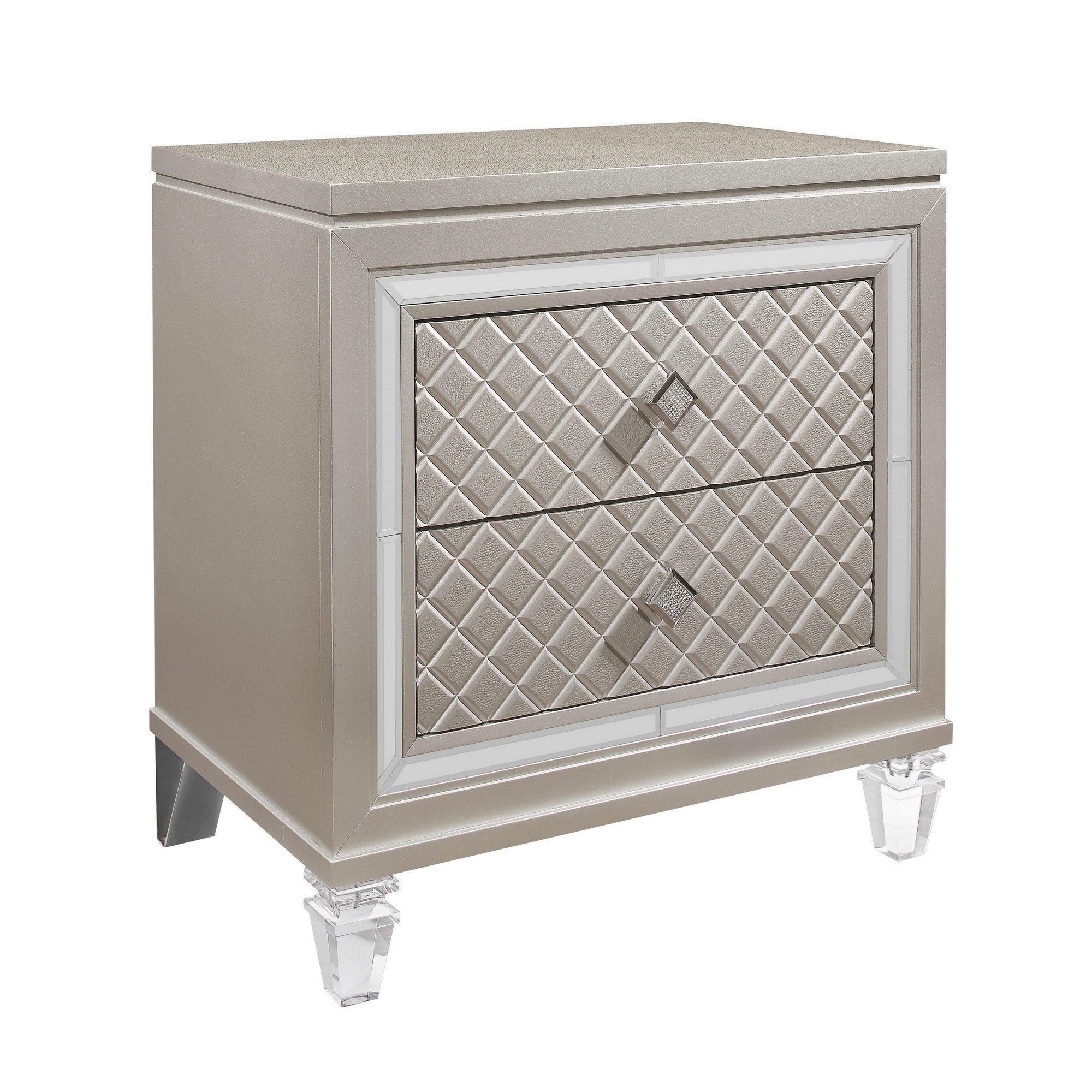 Champagne Toned Nightstand with Tapered Acrylic Legs and 2 Drawers