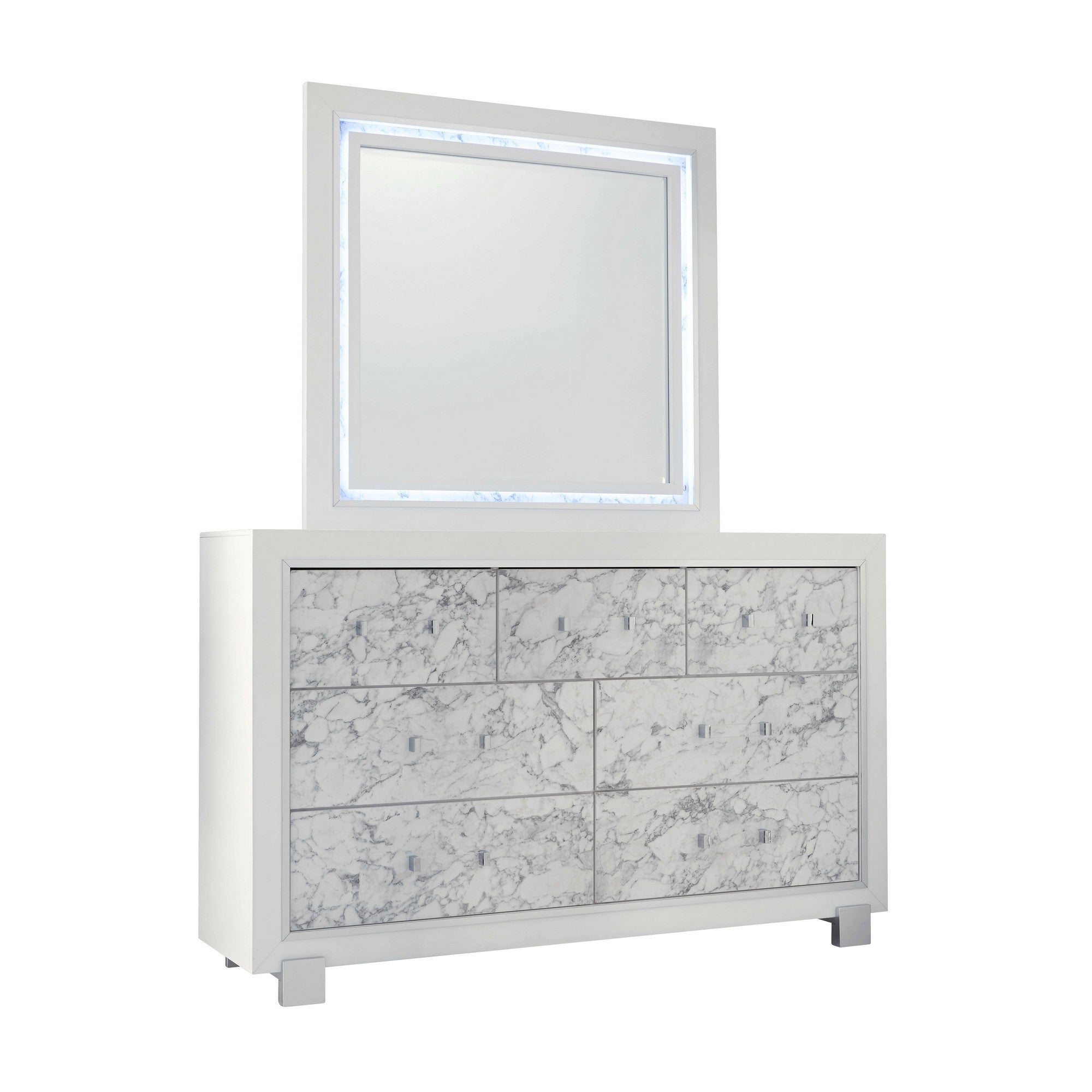 Modern White Dresser with 7 Faux Marble Detailed Front Drawer.