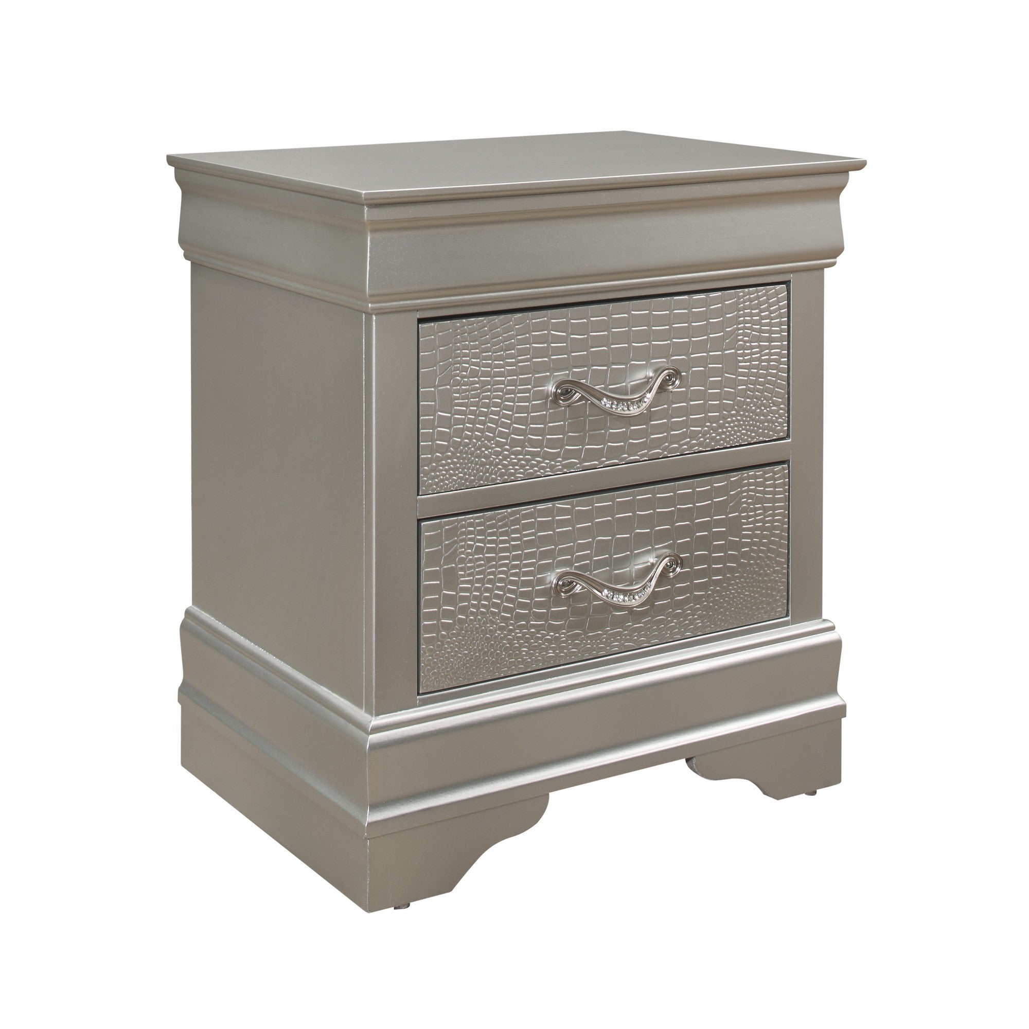 Silver Tone Nightstand with 2 Spacious Interior Drawers