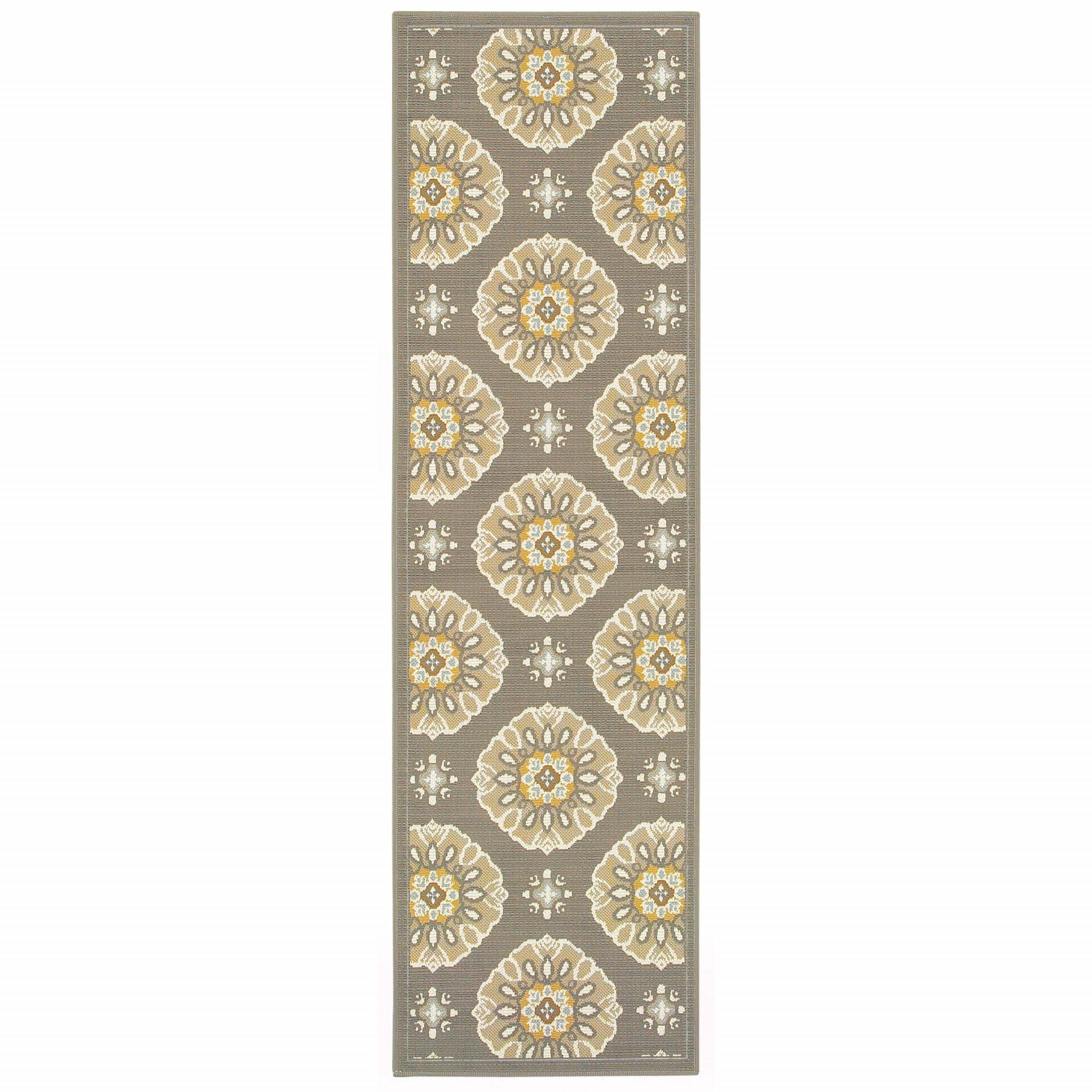 8' Grey Gold Floral Medallion Discs Indoor Outdoor Area Rug Runner Rug