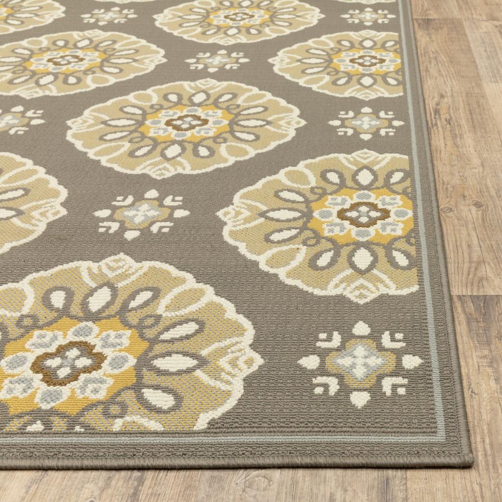 8' Grey Gold Floral Medallion Discs Indoor Outdoor Area Rug Runner Rug