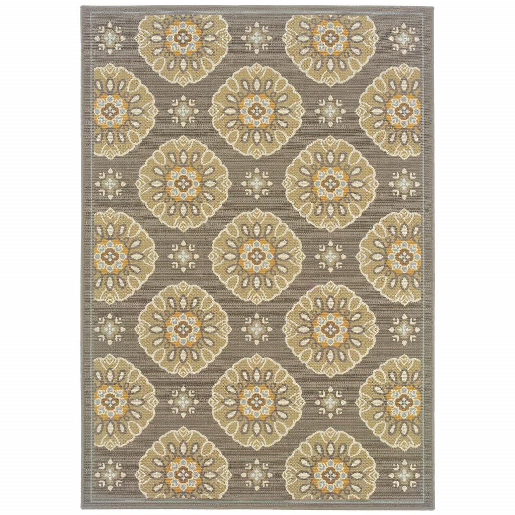 2' x 8' Grey Gold Floral Medallion Discs Indoor Outdoor Area Rug