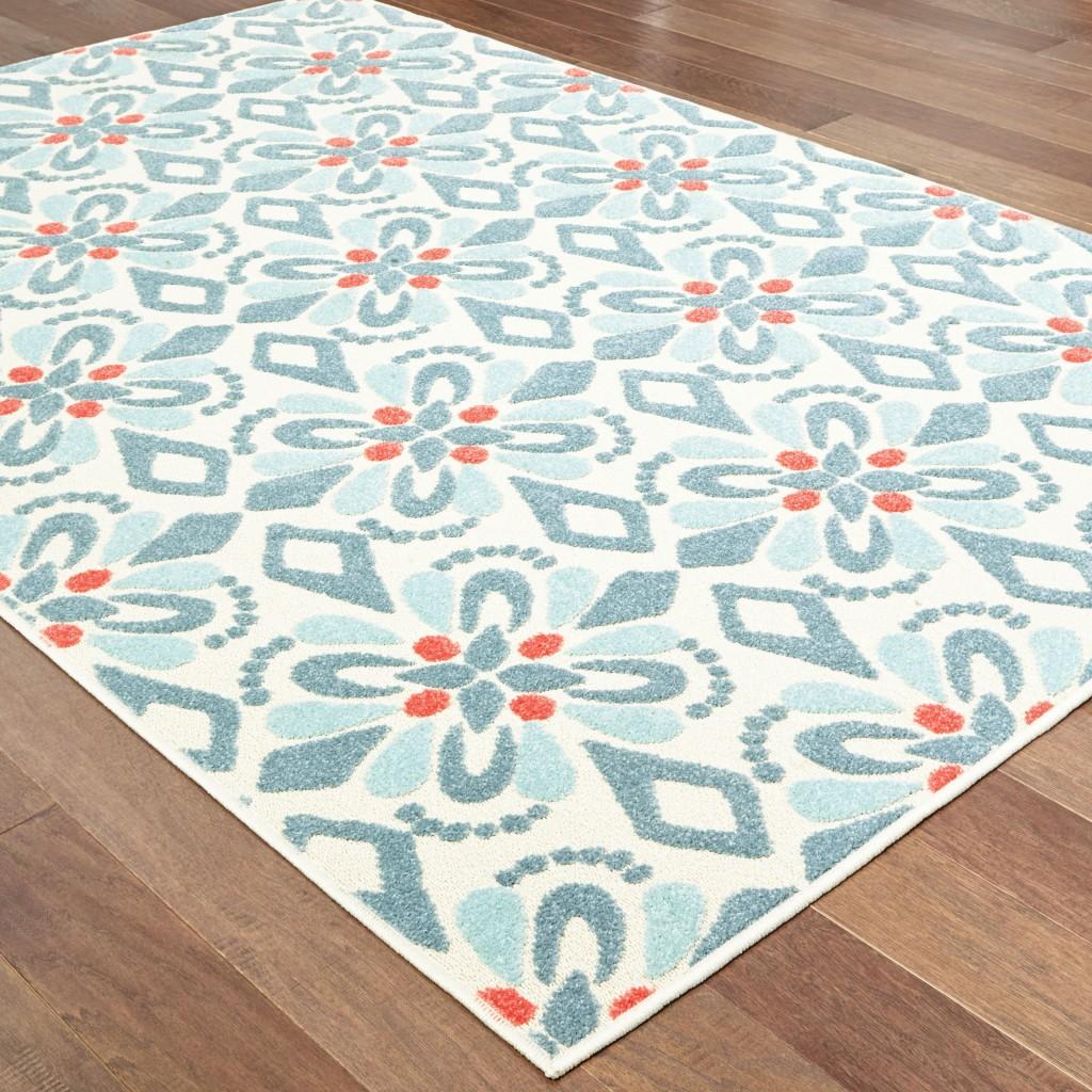 6' x 9' Ivory Blue Global Geo Tile Indoor Outdoor Area Rug