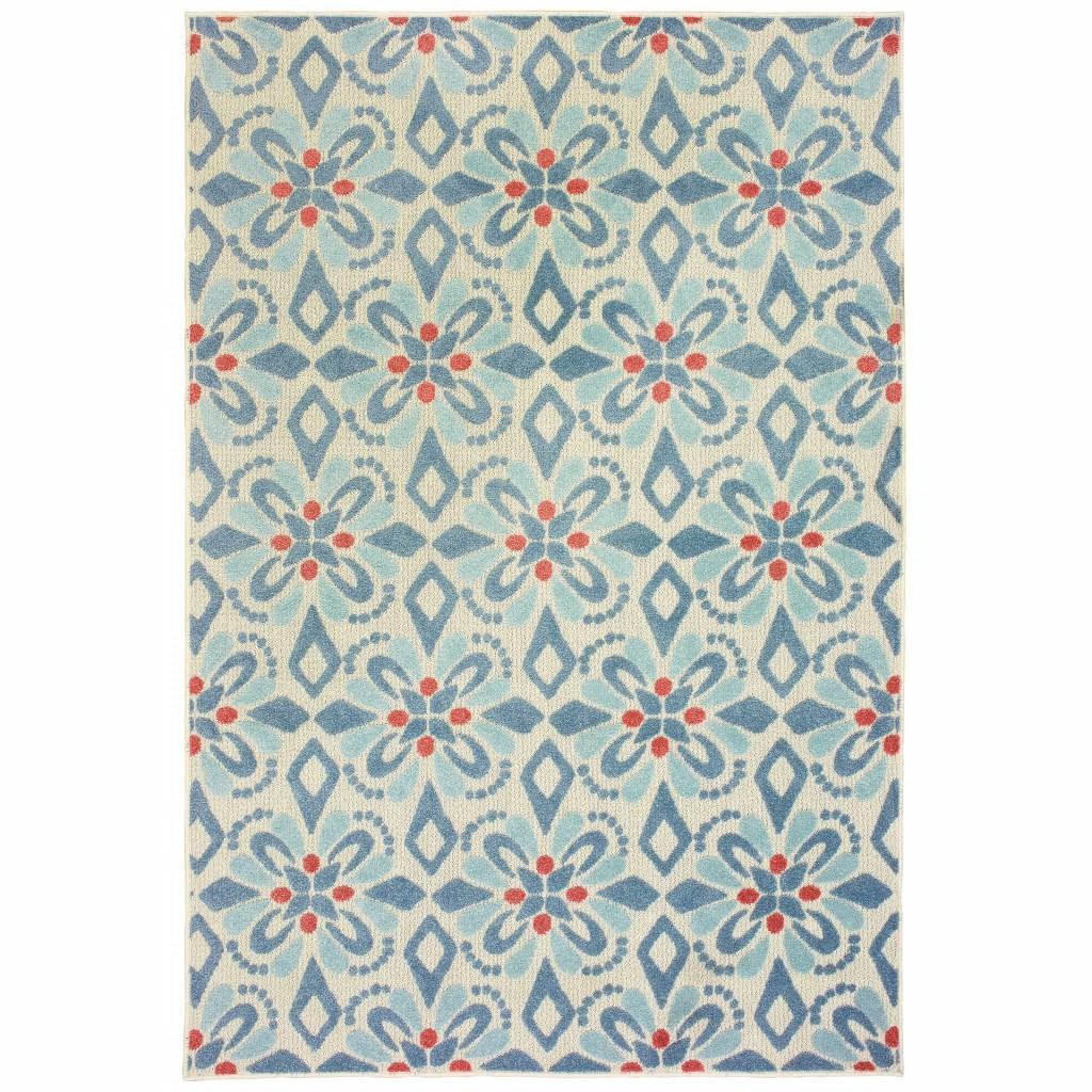 6' x 9' Ivory Blue Global Geo Tile Indoor Outdoor Area Rug