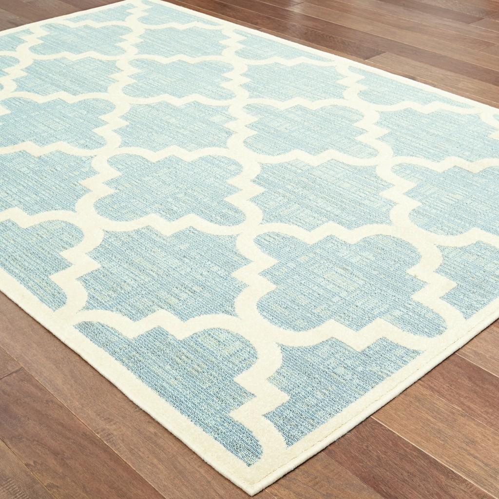 9' x 12' Blue Ivory Machine Woven Geometric Indoor or Outdoor Area Rug