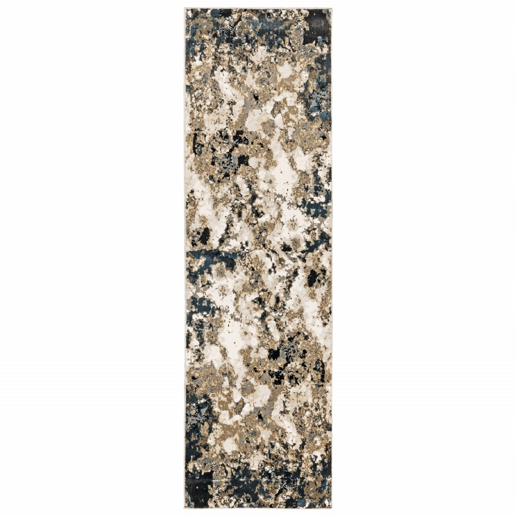 2' x 8' Ivory Navy Abstract Marble Indoor Runner Rug