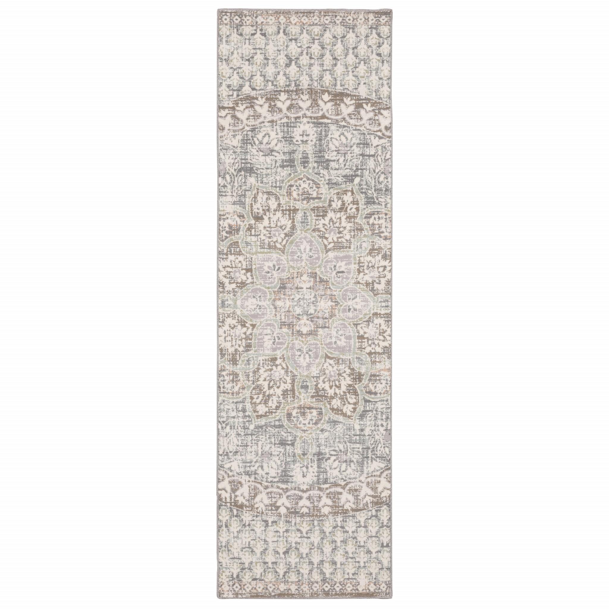 7' Ivory Grey Distressed Oversize Medallion Indoor Runner Rug Default Title