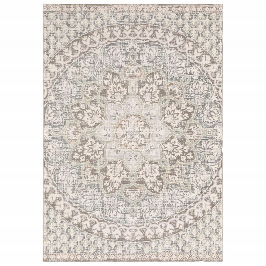 9' x 12' Ivory Grey Distresed Oversize Medallion Indoor Area Rug