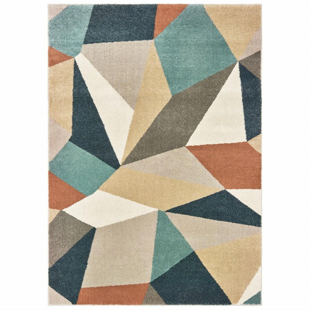 2' x 3' Blue Green Beige Retro Wedge Indoor Area Rug