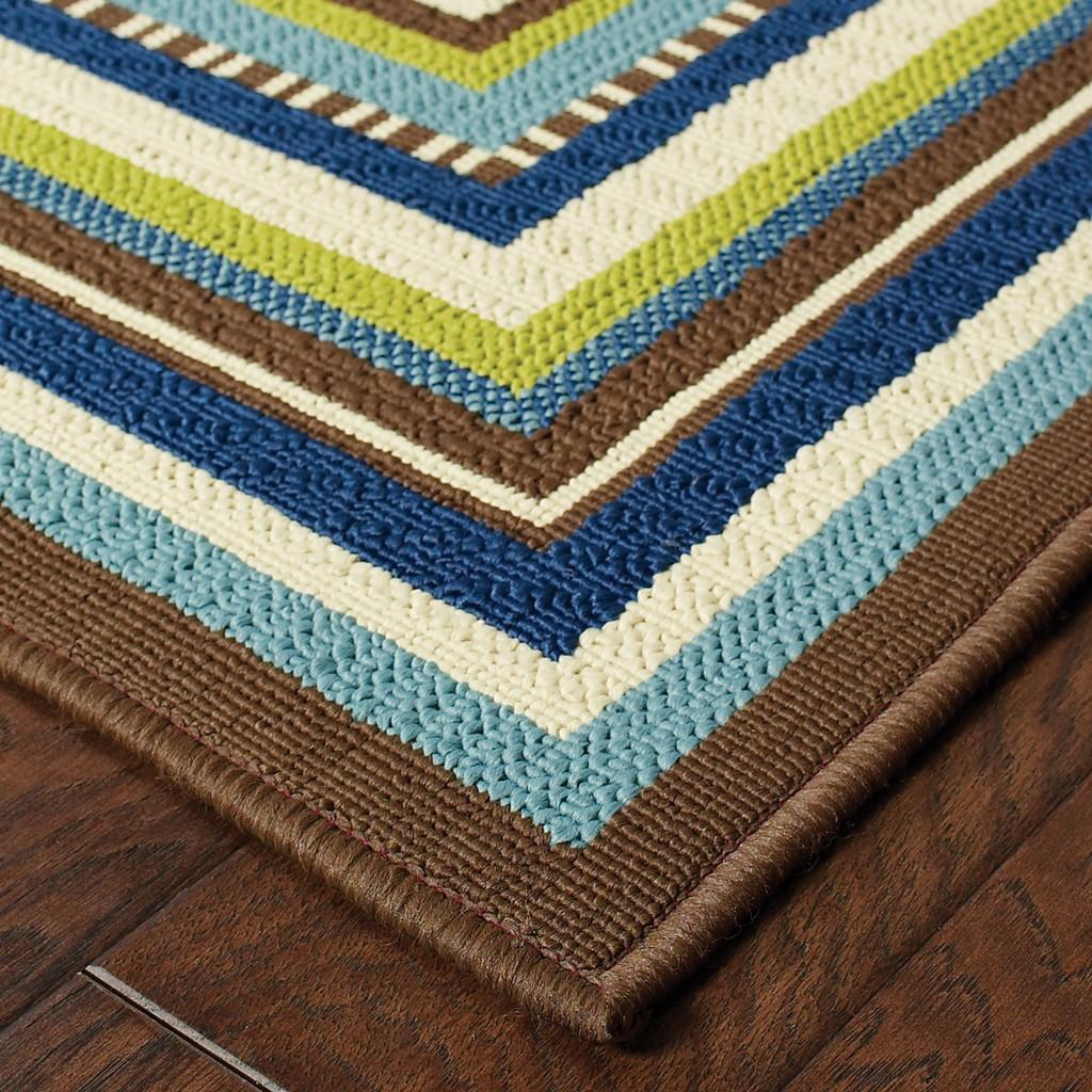 8' Ivory Mediterranean Blue and Lime Border Indoor Outdoor Runner Rug