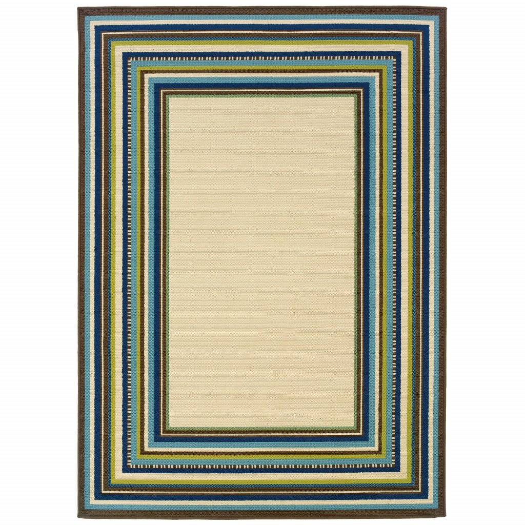 5' x 8' Ivory Mediterranean Blue and Lime Border Indoor Outdoor Area Rug