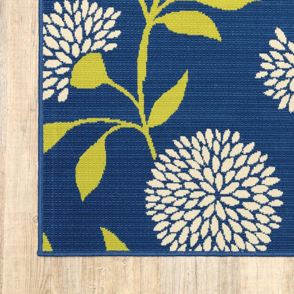 8' Indigo and Lime Green Floral Indoor or Outdoor Runner Rug