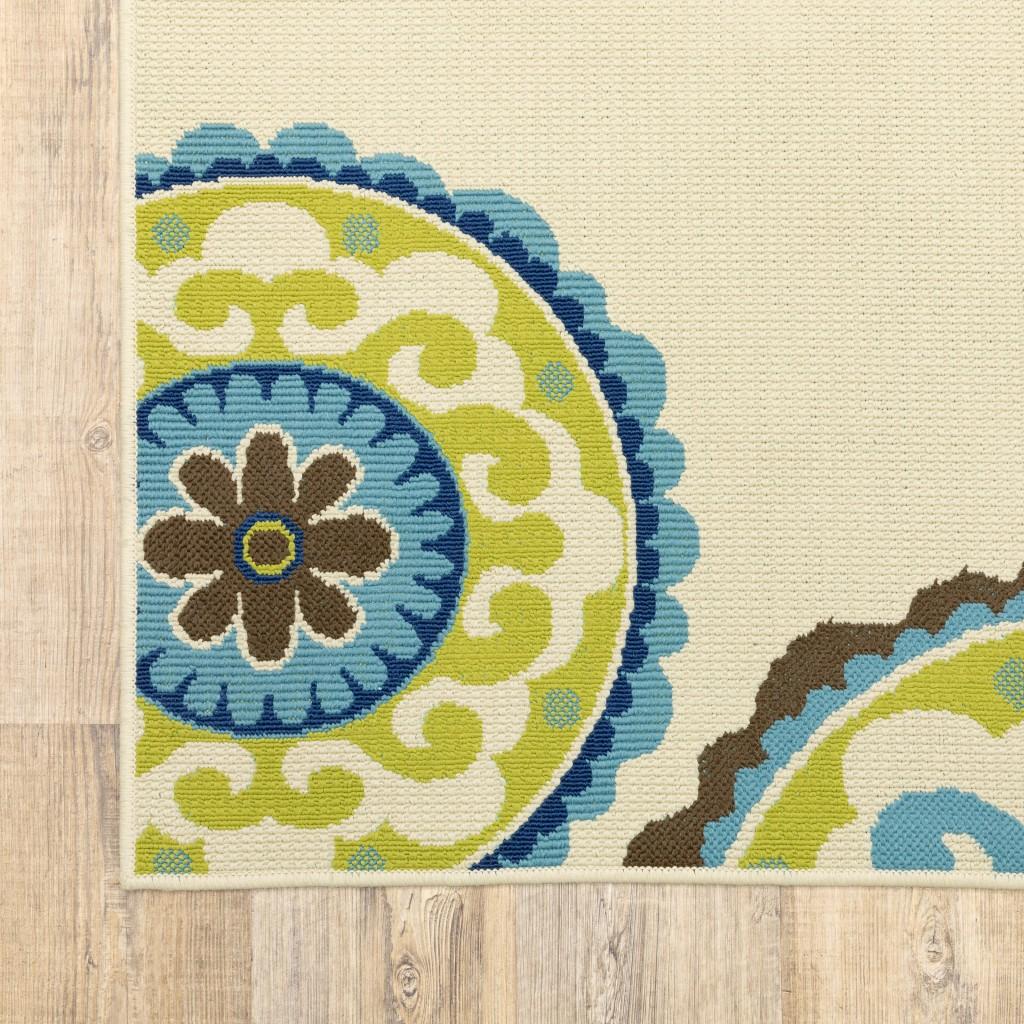 3' x 5' Ivory Indigo and Lime Medallion Disc Indoor Outdoor Area Rug