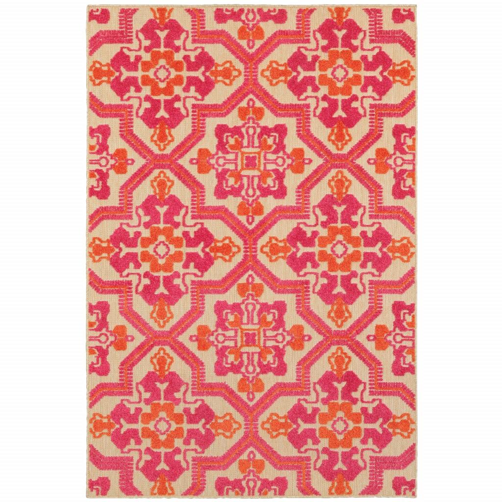 5' x 8' Pink and Orange Medallion Indoor Outdoor Area Rug