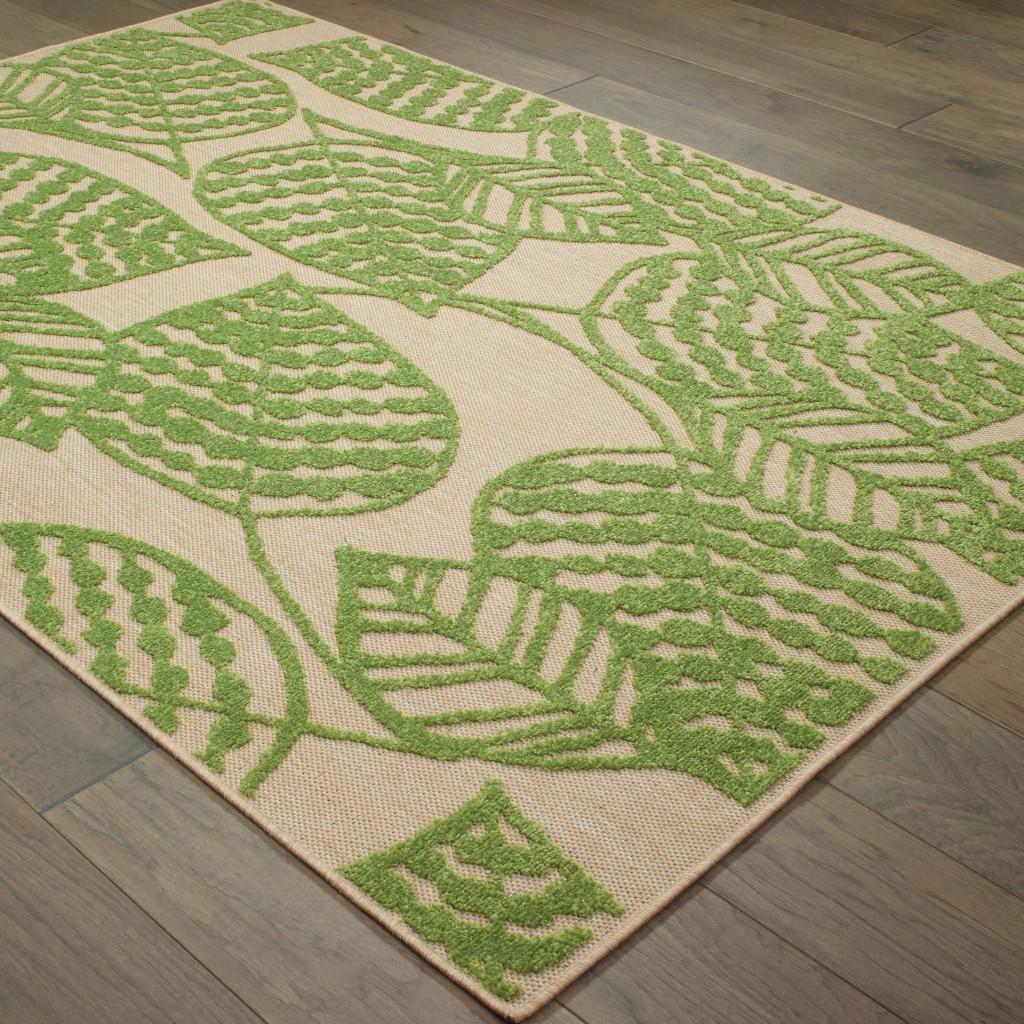 6' x 9' Sand and Lime Green Leaves Indoor Outdoor Area Rug