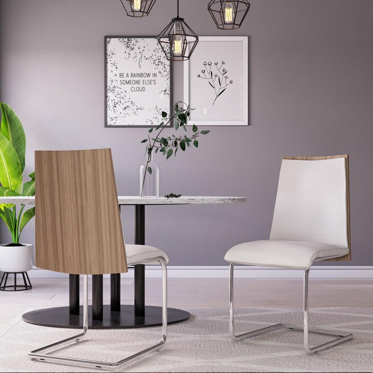 Set of 2 Modern White Faux Leather and Walnut Finish Dining Chairs