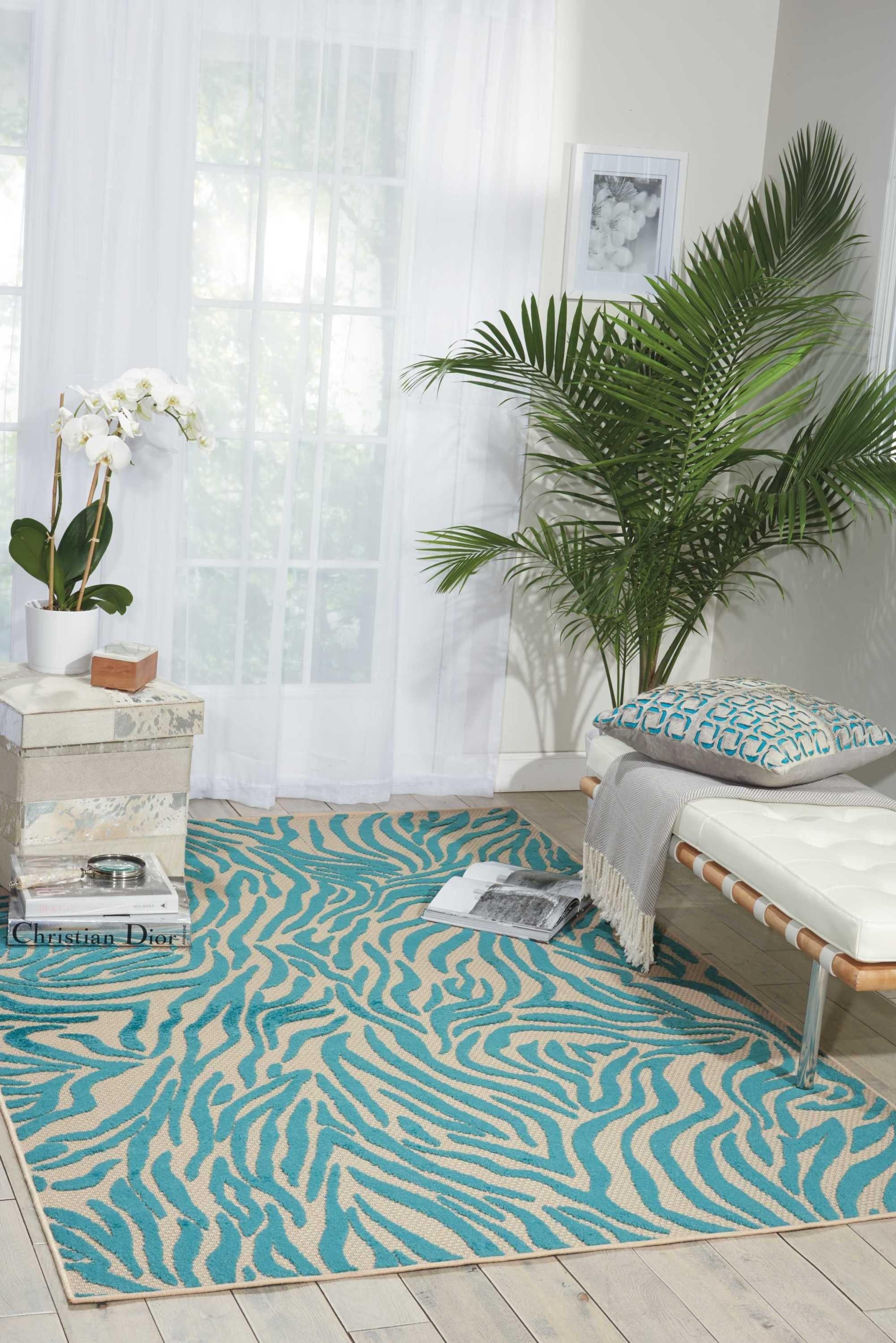 5' x 7' Aqua Abstract Indoor Outdoor Area Rug