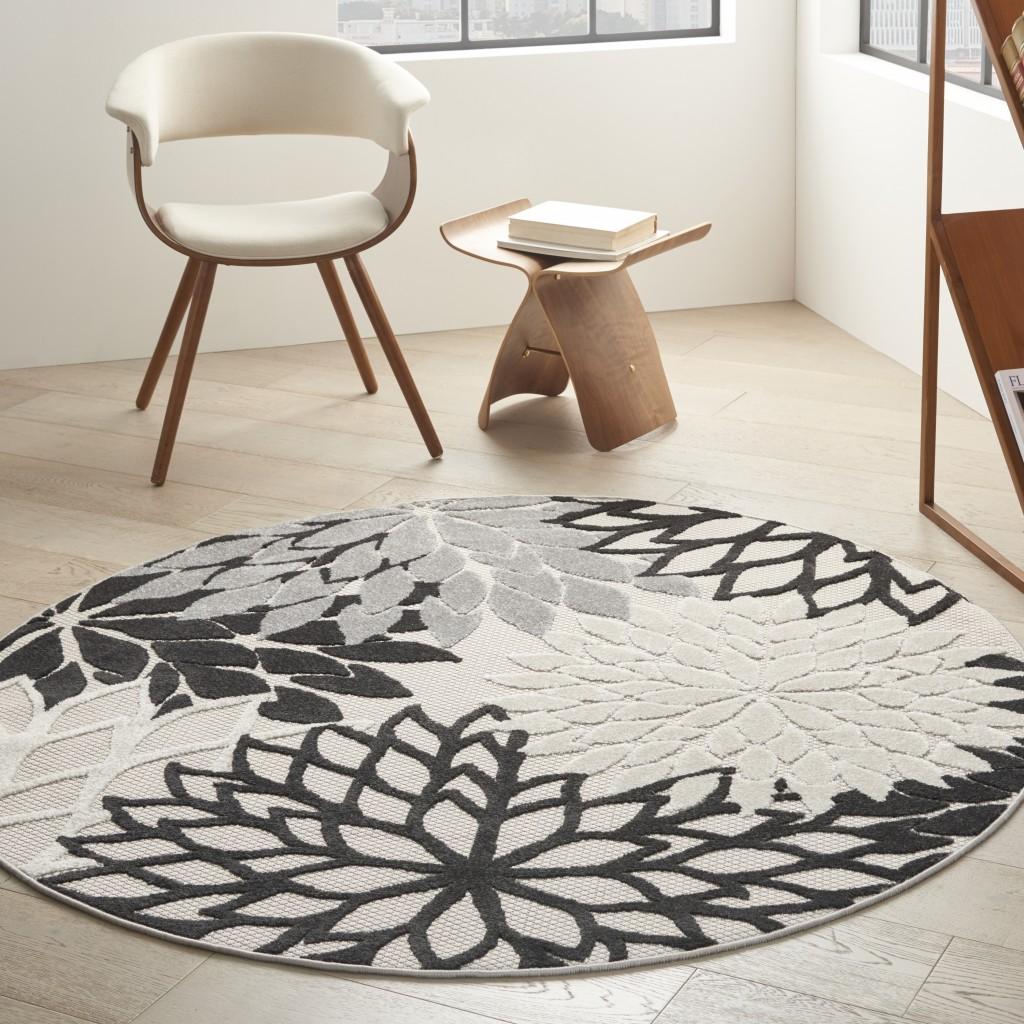 4’ Round Black Gray White Indoor Outdoor Area Rug