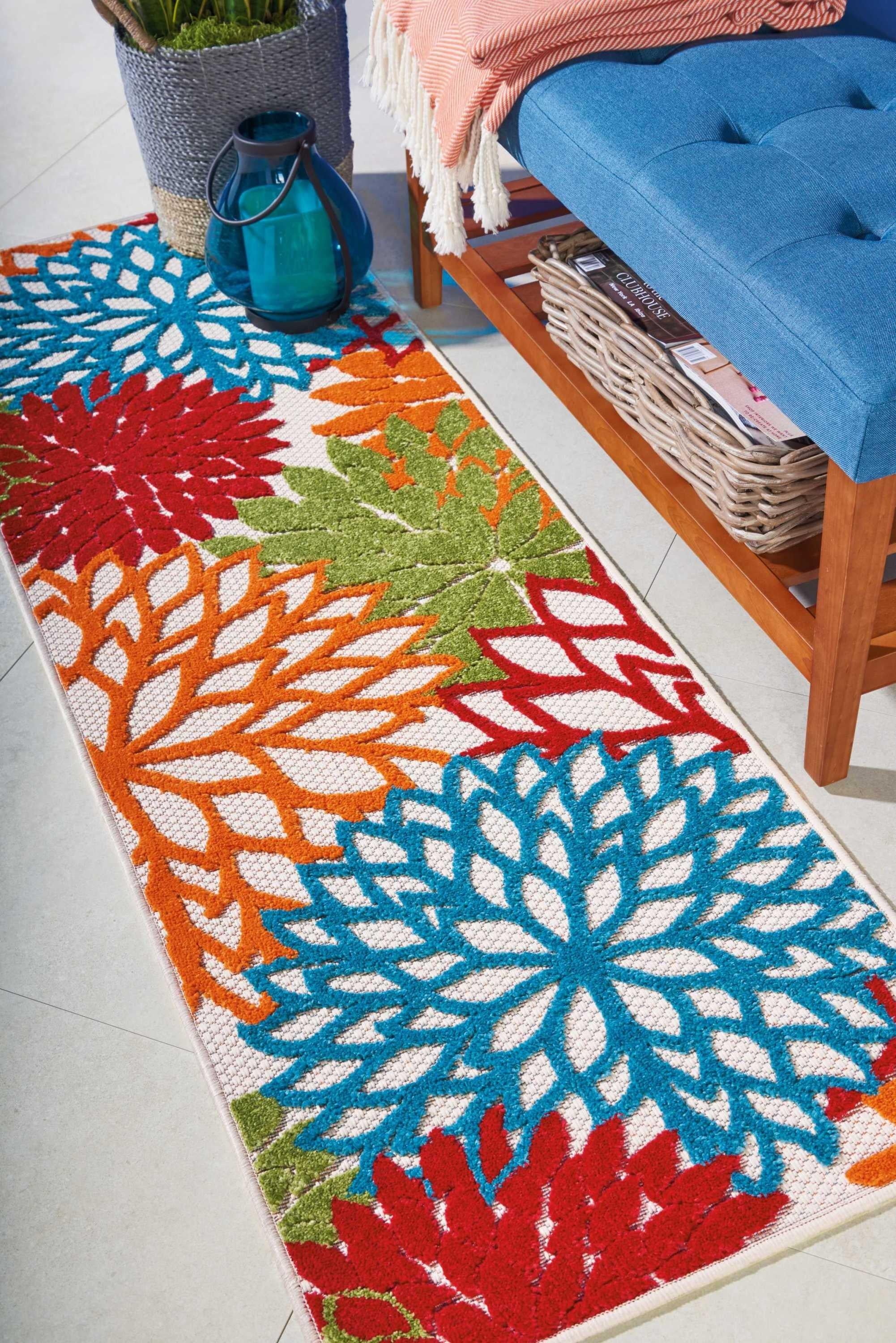 2’ x 6’ Green Floral Indoor Outdoor Runner Rug