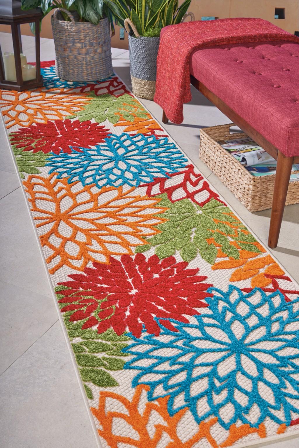 2’ x 10’ Green Floral Indoor Outdoor Runner Rug