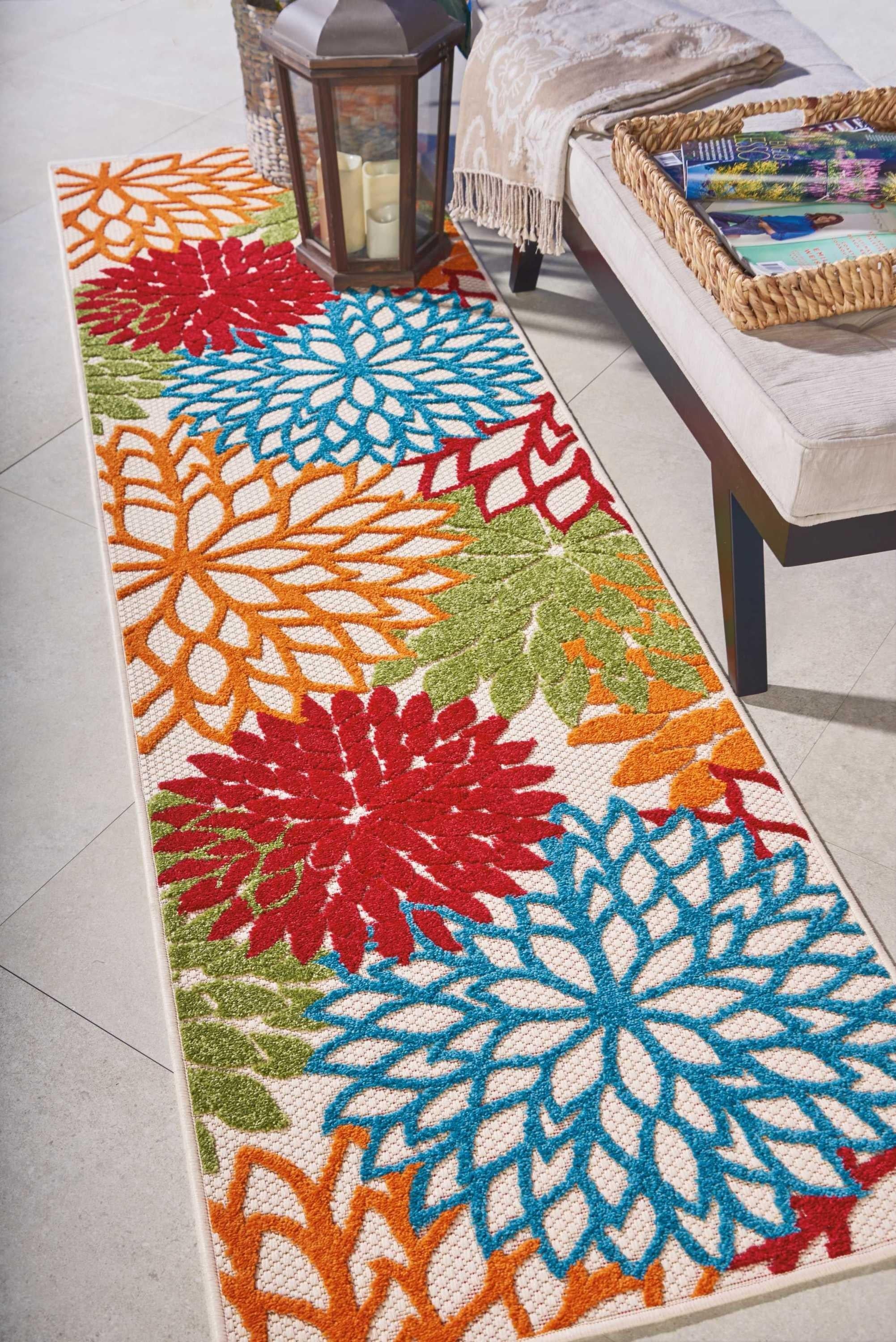 2’ x 8’ Green Floral Indoor Outdoor Runner Rug