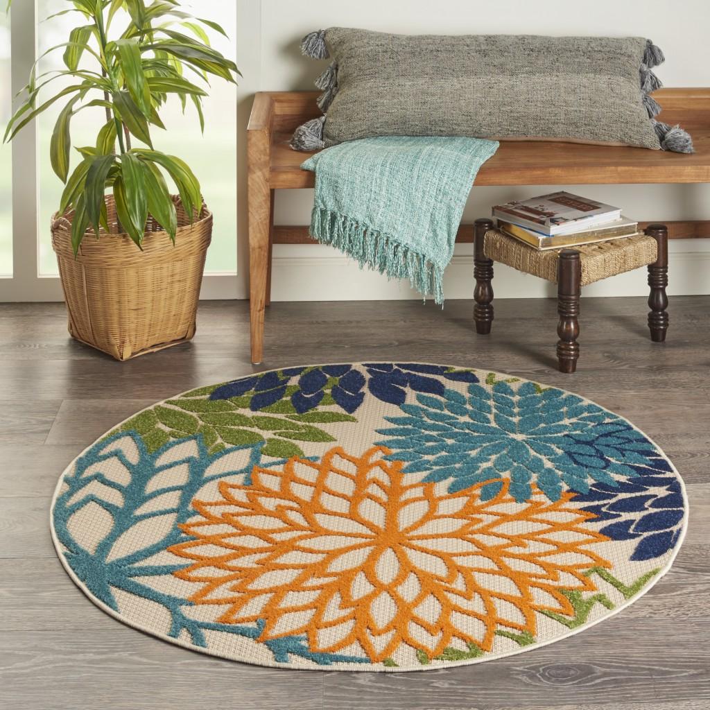 4’ Round Orange Floral Outdoor Area Rug