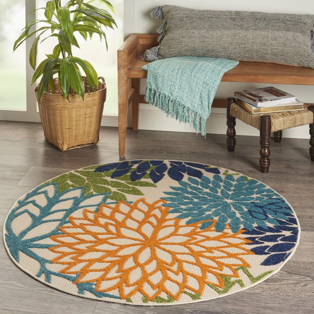 4’ Round Orange Floral Outdoor Area Rug