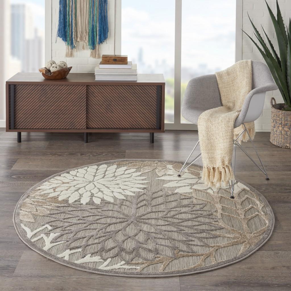 4’ Round Natural and Gray Indoor Outdoor Area Rug