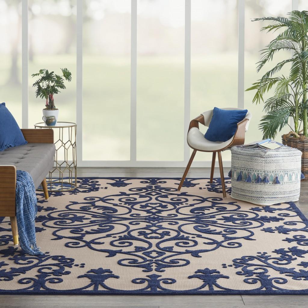 8’ x 11’ Navy Medallion Indoor Outdoor Area Rug