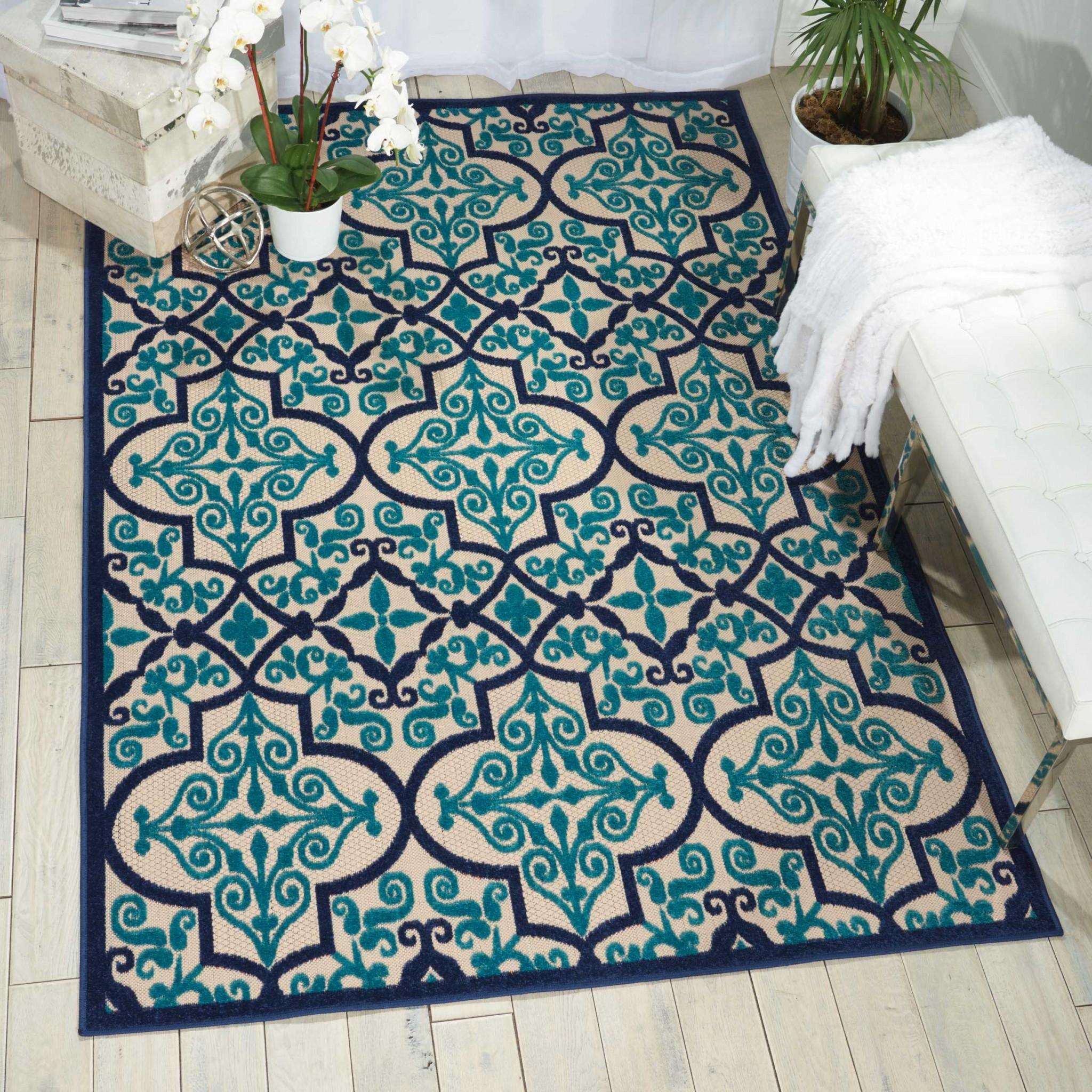 4’ x 6’ Navy and Beige Trellis Indoor Outdoor Area Rug