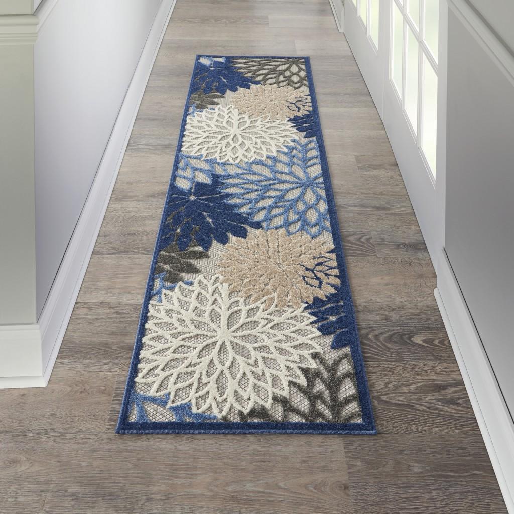 2’ x 6’ Blue Large Floral Indoor Outdoor Runner Rug