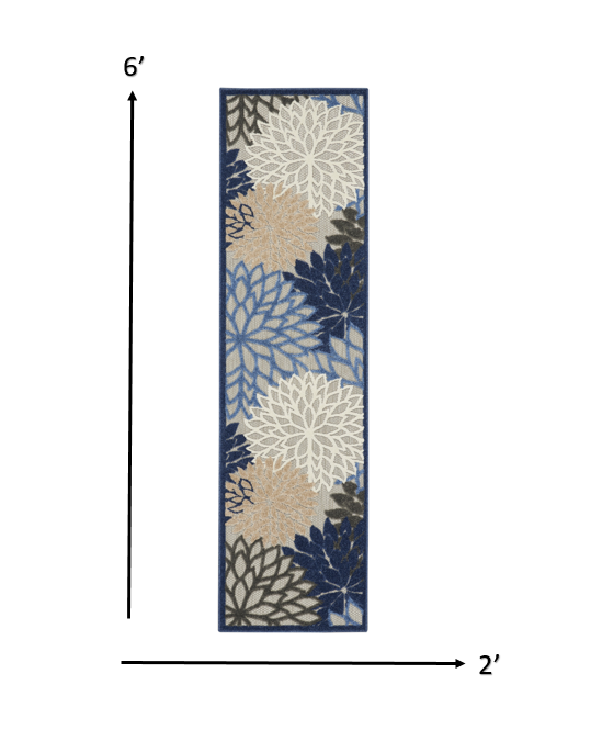 2’ x 6’ Blue Large Floral Indoor Outdoor Runner Rug