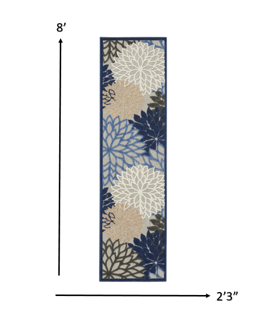 2’ x 8’ Blue Large Floral Indoor Outdoor Runner Rug