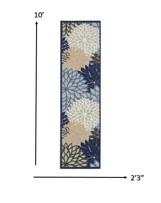 2’ x 10’ Blue Large Floral Indoor Outdoor Runner Rug