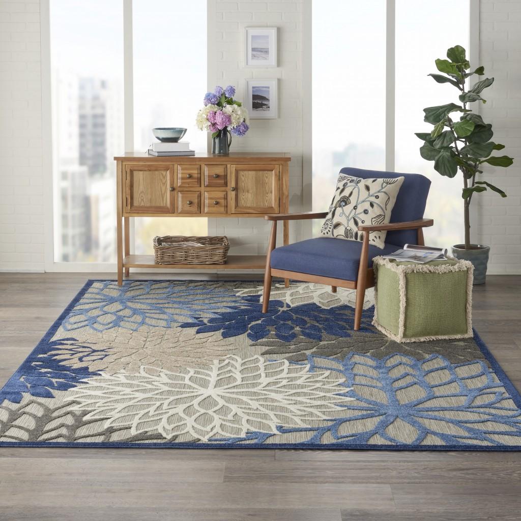 8’ x 11’ Blue Large Floral Indoor Outdoor Area Rug